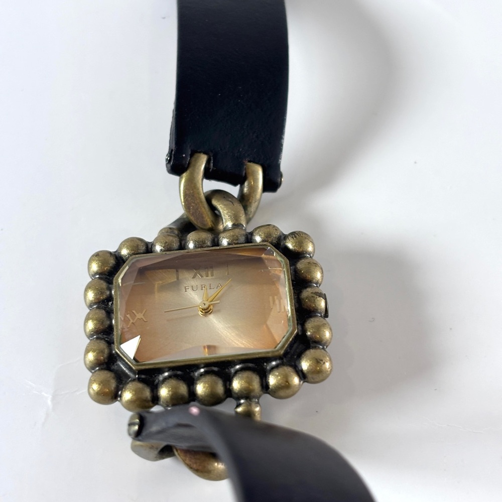 Furla Vintage Watch with Leather Strap and Brass Hardware